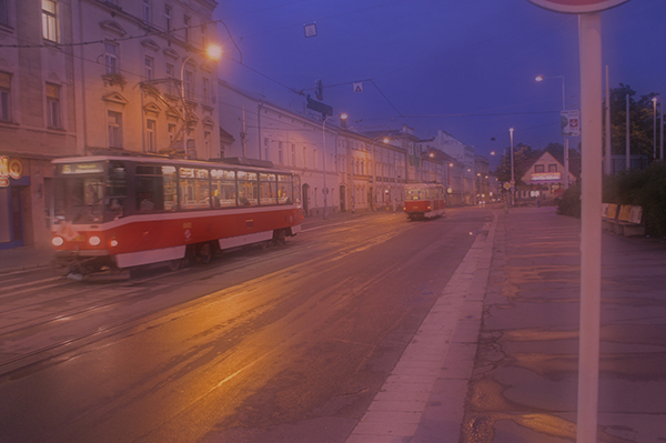 Old tram at night in Prague.