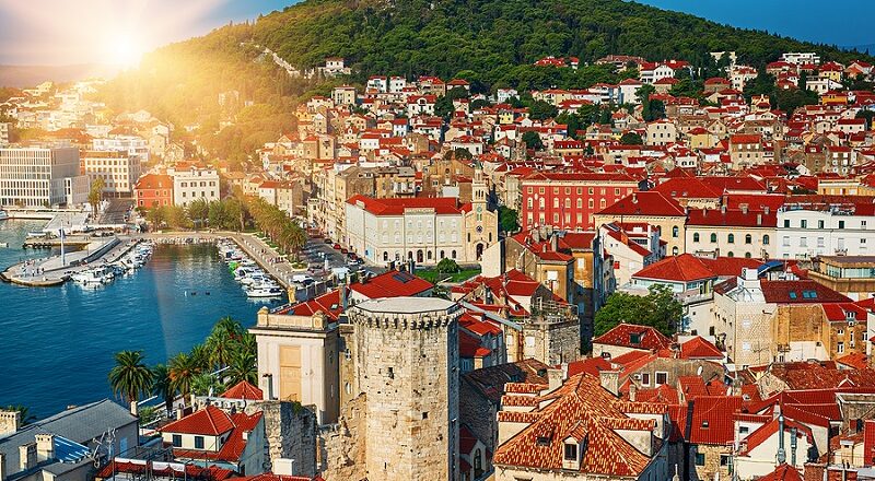 Split in Croatia. Sun shining above the coastal city.