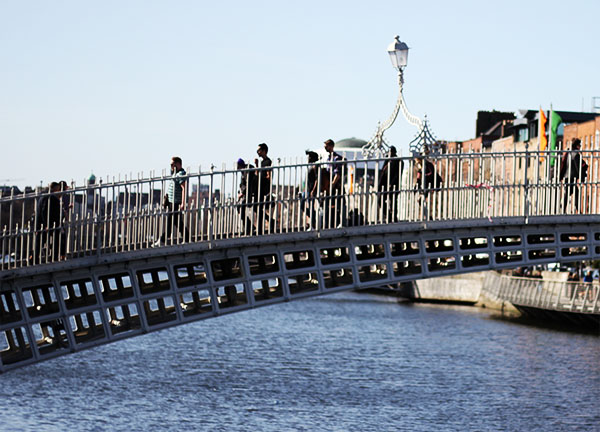 People sauntering across Liffey.