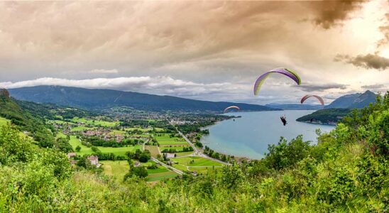 Paragliders by the lake of Annecy, France