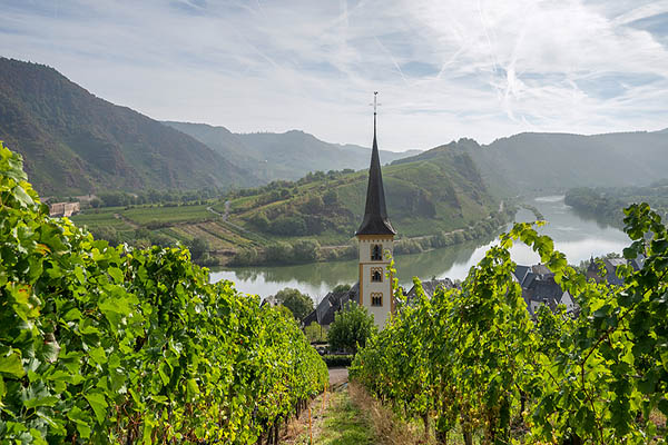 Bremm and Moselle river, a church by the riverside.