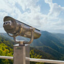 Binoculars above a forest, cloudy sky.