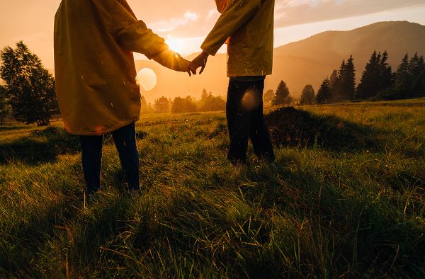 Couple holding hands at sunset in nature