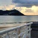 Beach view with dramatic clouds and sky in San Sebastian, Spain.