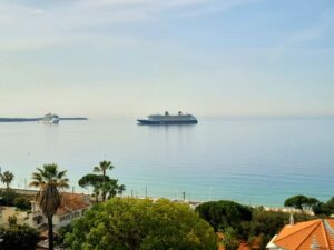 Cruise ship by the coastline of Cannes, France.