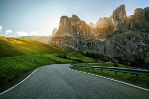 Dolomites mountains and road.