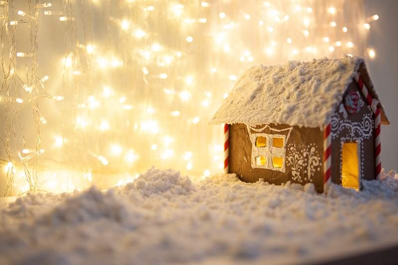 Small house and Christmas lights.