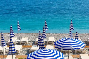 Beach chairs in Nice, France.