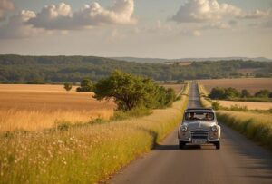 Citroën car with couple somewhere in France on a summer day