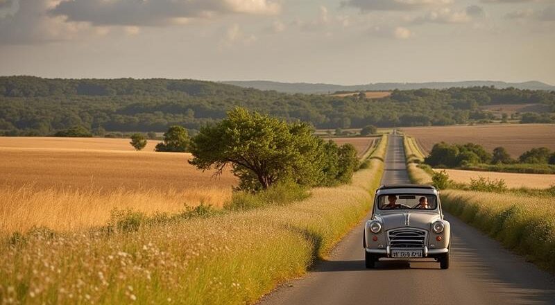 Citroën car with couple somewhere in France on a summer day