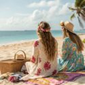 Two hippies on a French beach with a picnic basket.