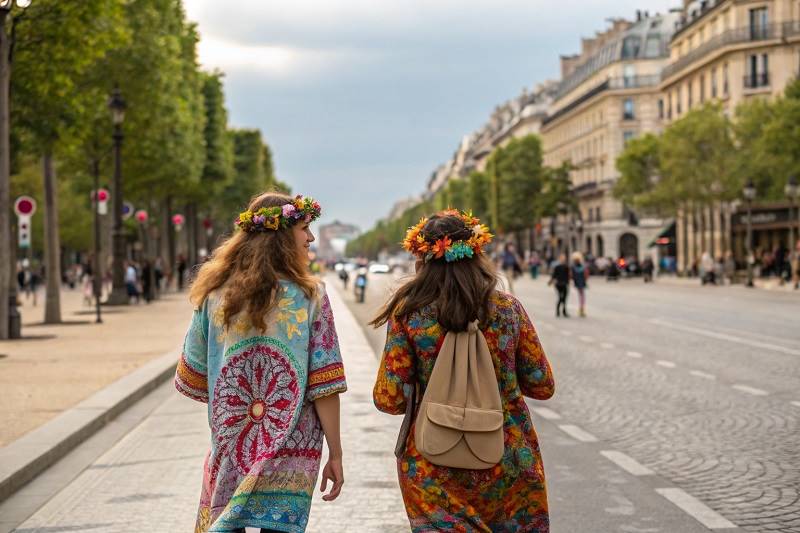 Two hippies walking along a boulevard in Paris, France.