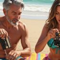 Middleaged man and woman struggling with analog tech on the beach.