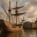 Fluyt ship moored in Amsterdam, The Netherlands.