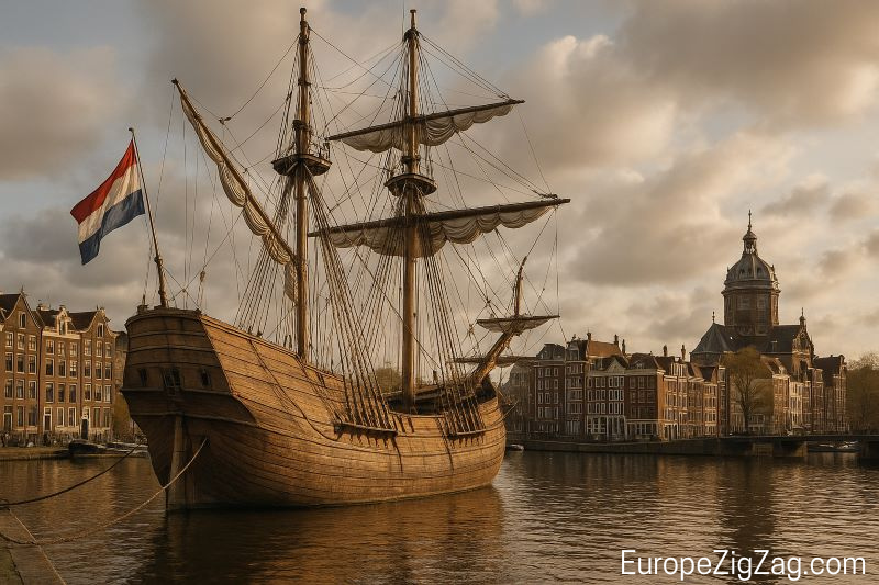 Fluyt ship moored in Amsterdam, The Netherlands.