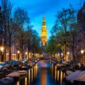 Canal in Amsterdam at night.